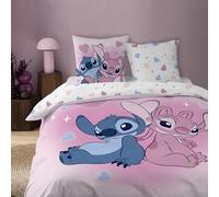 Disney Home Stitch Bisous Parure de lit 100% Coton - Licence Officielle | Housse de Couette 240x220 cm + 2 taies 63x63 cm | Fermeture boutons | Chambre ado, lit 2 places | Certification Oeko-Tex