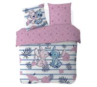 DISNEY - Housse de couette Disney Angel & Stitch 200x200 cm + 2 Taies d'oreiller 63x63 cm - 100% Coton Popeline - Rose