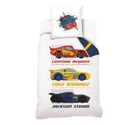 DISNEY - Housse de couette Disney Cars McQueen, Ramirez et Storm - 140x200 cm + 1 taie d'oreiller 63x63 cm - 100% Coton - Blanc