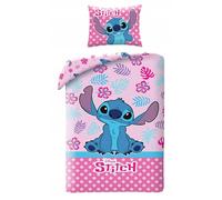 Disney LILO et STITCH - Parure de lit simple réversible 140 x 200 cm et taie d'oreiller 70 x 90 cm - Rose multicolore - 100 % coton OEKO-TEX