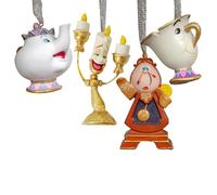 Disney - Lot de 4 décorations à suspendre en résine « La Belle et la Bête » - Cogsworth, Chip, Lumiere & Mr's Potts - Décorations d'arbre de Noël pailletées - Cadeau et articles ménagers sous licence