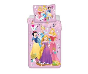 Disney Parure de lit Simple en Coton avec Housse de Couette et taie d'oreiller 1pc Motif Princesses Rose/Multicolore