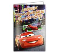 DISNEY PIXAR CARS Carte Joyeux Anniversaire Champion Argenté Brillant Enveloppe Bleue Flash McQueen Voiture de course Formule 1 italienne Francesco Bernoulli Automobile Film Garçon Enfant 120383