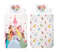 Disney Princess Parure de Lit Réversible | Housse de Couette pour Lit 1 Personne 140×200 cm + Taie d’Oreiller 50×70 cm | 100% Coton | Parure de Lit Douce & Respirante pour Enfants | Officielle Disney