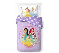 Disney Princesses Parure de Lit Enfant Housse de Couette 1 Personne, Violet | 137x200/50x70 cm, 2 pièces, Produit officiel, 100% coton, motif Coeur d'or, réversible, fermeture à boutons, chambre enfant