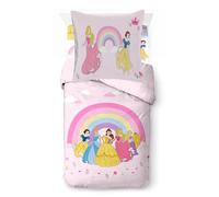 Disney Princesses Parure de Lit Housse de Couette 1 Personne, Arc-en-Ciel | 137x200/80x80 cm, drap housse 90x200x30 cm, 3 pièces, Produit officiel, 100% coton, réversible, respirant, chambre