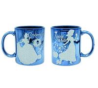 Disney Princesses Snow White & Cendrillon Tasse bleu métallisé, impression pailletée, brillante métallisée, 100% céramique, environ 320 ml, boîte cadeau