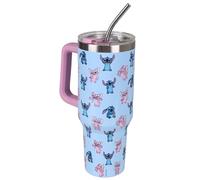 Disney Stitch and Angel Grand mug thermique avec couvercle et paille en métal, acier inoxydable, mug de voyage (Bleu-rose)