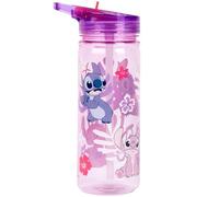 Disney Stitch Bouteille d'eau avec paille 100% étanche et durable, en plastique solide et sans BPA, 580 ml, rose