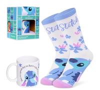 Disney Stitch Coffret Mug Cadeau Femme Ado, Tasse Rose et Chaussettes Chaudes, Cadeaux Originaux pour Elle(Blanc/Bleu)