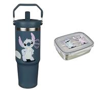 Disney Stitch - Gobelet Isotherme 900 ml en Acier Inoxydable avec Anse et Gourde Étanche + Boîte à Goûter Lunchbox 550 ml en Acier Inoxydable avec Joint en Silicone