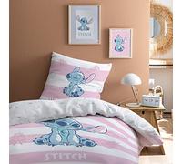 Parure de lit enfant 100% Coton - DISNEY STITCH STRIPE - Blanc/rose - 140x200+63x63cm