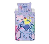 Disney Store Lilo et Stitch Parure de lit brossée, 100 % coton, violet avec cœurs et étoiles, housse de couette 140 x 200 cm + taie d'oreiller 70 x 90 cm, avec fermeture éclair