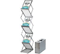 DisplayLager Présentoir à brochures pliable pour 6 x A4 en aluminium/acrylique avec mallette de transport en aluminium. Support pour prospectus de sol pliable en format portrait (argent)