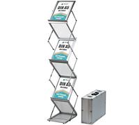 DisplayLager - Présentoir à prospectus pliable avec mallette de transport en aluminium. Présentoir à prospectus au sol format portrait (argenté, A5)