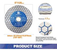 Disques de tronçonnage diamantés - Lames de scie circulaire - Coffret de 5 pièces - Usage double face - Pour céramique et porcelaine - 125 mm - Segment de 1,7 mm - Alésage de 22,23 mm
