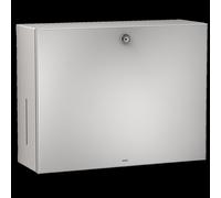 Distributeur combiné savon liquide et papier KWC, modèle RODAN, en acier inoxydable, dimensions 358 x 325 x 134 mm, à fixer au mur