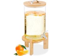 Distributeur de boissons Relaxdays, 8 litres, boissons chaudes et froides, support en bambou, thermomètre, récipient à punch, transparent/naturel