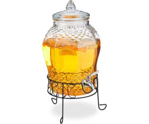 Distributeur de boissons Relaxdays avec support, réservoir à limonade de 8 litres, robinet et couvercle en acier inoxydable, distributeur d'eau, verre, transparent