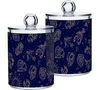 Distributeur de cotons-tiges - Support pour boules de coton - Pot pharmaceutique - Organisateur de salle de bain - Plastique renforcé - Lot de 4 - Textile avec motifs astrologiques et symboles du zodi