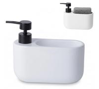 Distributeur de liquide vaisselle avec support pour éponge, 520 ml, Curve – Distributeur en céramique pour liquide vaisselle. Range-tout élancé pour l'évier. 18 x 7,3 x 15 cm – Blanc