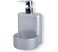 Distributeur de produit à vaisselle en céramique mate, distributeur de savon de cuisine avec espace de rangement pour éponge ou brosse, 10 x 11,5 x 18 cm. Organisateur d'évier compact et élégant (gris