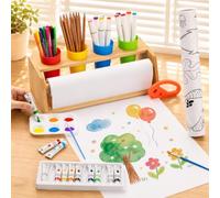 Distributeur de rouleaux de papier pour enfants - Chevalet de table en bambou avec rouleaux de papier vierges et à motifs, 12 pigments, outils de dessin, gobelets à stylos - Station d'artisanat pour