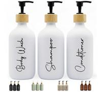 Distributeur de savon blanc mat en 3 parties pour la salle de bains, adapté au gel, au shampoing, à l'après-shampoing et équipé d'un entonnoir de remplissage. Cet élégant et pratique distributeur de s