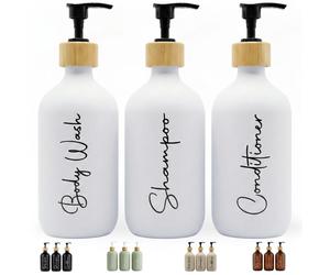 Distributeur de savon blanc mat en 3 parties pour la salle de bains, adapté au gel, au shampoing, à l'après-shampoing et équipé d'un entonnoir de remplissage. Cet élégant et pratique distributeur de s