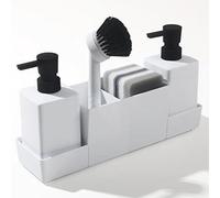 Distributeur de savon de cuisine avec porte-éponge pour évier - Distributeur de savon pour les mains et de savon pour lave-vaisselle avec brosse