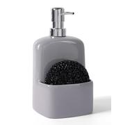 Distributeur de savon en céramique, distributeur de liquide vaisselle gris, distributeur de savon liquide rechargeable de 600 ml avec brosse éponge pour la cuisine, grand distributeur de savon liquide