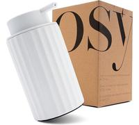 Distributeur de savon en céramique Unyqoos® gris clair mat – 250 ml, pompe à toucher doux, base antidérapante, pour savon liquide et liquide vaisselle, diamètre 7,5 cm × hauteur 14,3 cm