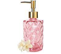 Distributeur de savon en verre Unyqoos® de 330 ml, motif losanges, rose – Distributeur en verre avec pompe en plastique, idéal pour la salle de bain et la cuisine, pour savon liquide, lotion et huile