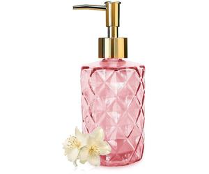 Distributeur de savon en verre Unyqoos® de 330 ml, motif losanges, rose – Distributeur en verre avec pompe en plastique, idéal pour la salle de bain et la cuisine, pour savon liquide, lotion et huile