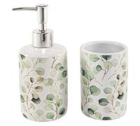 Distributeur de savon et coupelle en céramique avec motif de feuilles pour la salle de bains, un minimalisme élégant.