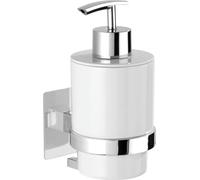 Distributeur de savon liquide Unyqoos® – 0,25 l, fixation murale sans perçage grâce à une plaque adhésive spéciale, en ABS et en acier inoxydable, dimensions : 7 x 15 x 9,5 cm, finition chromée