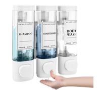 Distributeur de savon mural, distributeur de gel douche à 3 compartiments, distributeur de savon pour les mains, en ABS, kit sans perçage pour l'hôtel et la maison, 3 x 300 ml (blanc)