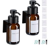 Distributeur de savon mural - Lot de 2 - 250 ml - Verre brun - Acier inoxydable - Pompe à savon suspendue - Sans perçage - Brun et noir