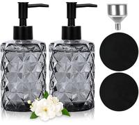 Distributeur de savon noir, distributeur de savon en verre pour la salle de bains, distributeur à pompe rechargeable pour la cuisine avec entonnoir en acier inoxydable, 2 soucoupes, distributeur de sa