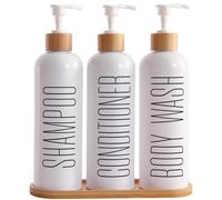Distributeur de shampoing et d'après-shampoing, shampoing et après-shampoing inclus, flacon de shampoing rechargeable de 500 ml avec pompe en bambou et support, ensemble moderne de distributeurs de sa