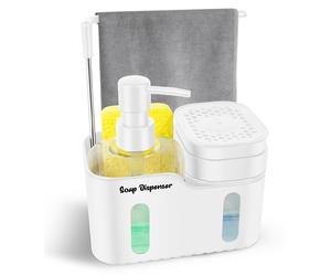 Distributeur double pour la cuisine – Organisateur de vaisselle 4-en-1 avec distributeurs de savon pour les mains et de liquide vaisselle, porte-éponge, porte-brosse et crochet pour torchon – Amovible