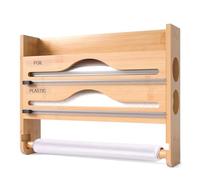 Distributeur Film Alimentaire en Bois Organisateur de Film Alimentaire | 4 en 1 Porte-Rouleau de Cuisine pour Rouleau de Cuisine, Papier Alu et Film Alimentaire, 35,3x27x7cm