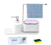 Distributeur Liquide Vaisselle 4 en 1 avec Porte,Éponge & Bac d'Égouttement | Organisateur Évier Cuisine avec Double Pompe pour Savon & Lessive, Support Éponge Gain de Place pour cuisine,buanderie,Blanc