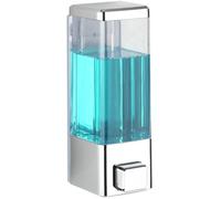 Distributeur mural Unyqoos® de 320 ml pour savon et désinfectant, finition chromée, boîtier transparent, matériau plastique hygiénique, montage mural avec vis et bandes adhésives inclus