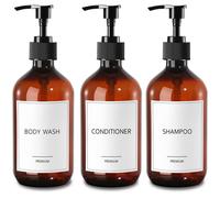Distributeurs de shampooing et d'après-shampooing, couleur ambre, 500 ml, rechargeables, en plastique, lot de 6, avec étiquettes