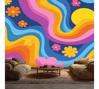 DITHYRAM Papier Peint Année 70 Panoramique Murale, Intissé Papier Peint Arc-En-Ciel Fleurs Couleur Retro Salon Chambre Cuisine, Année 70 Decoratif Mural 250 x 175 cm,FH0143