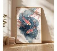 Dittelle Décoration murale aquarelle deux carpes koï - Peinture traditionnelle japonaise à l'encre de Chine représentant des carpes koï colorées nageant (50x70cm/sans cadre)