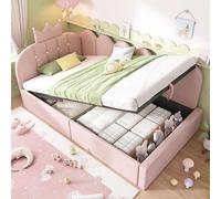Divan convertible 90x190 cm, canapé-lit de jour avec espace de rangement (hydraulique), lit d'appoint en forme de L, revêtement en velours rose avec motif de croisillons, sans matelas
