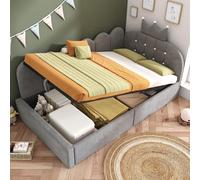 Divan convertible de jour 90x190 cm, canapé-lit de jour avec espace de rangement (hydraulique), lit d'appoint en forme de L, revêtement en velours gris avec motif de croisillons, sans matelas