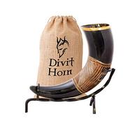 Divit Horn Corne à boire Viking avec support en fer véritable Divit | Ornements en laiton et sac-cadeau en toile de jute inclus | Corne de 13 ’’et capacité de 16 oz(450-500ml) (Jarl, Polished)